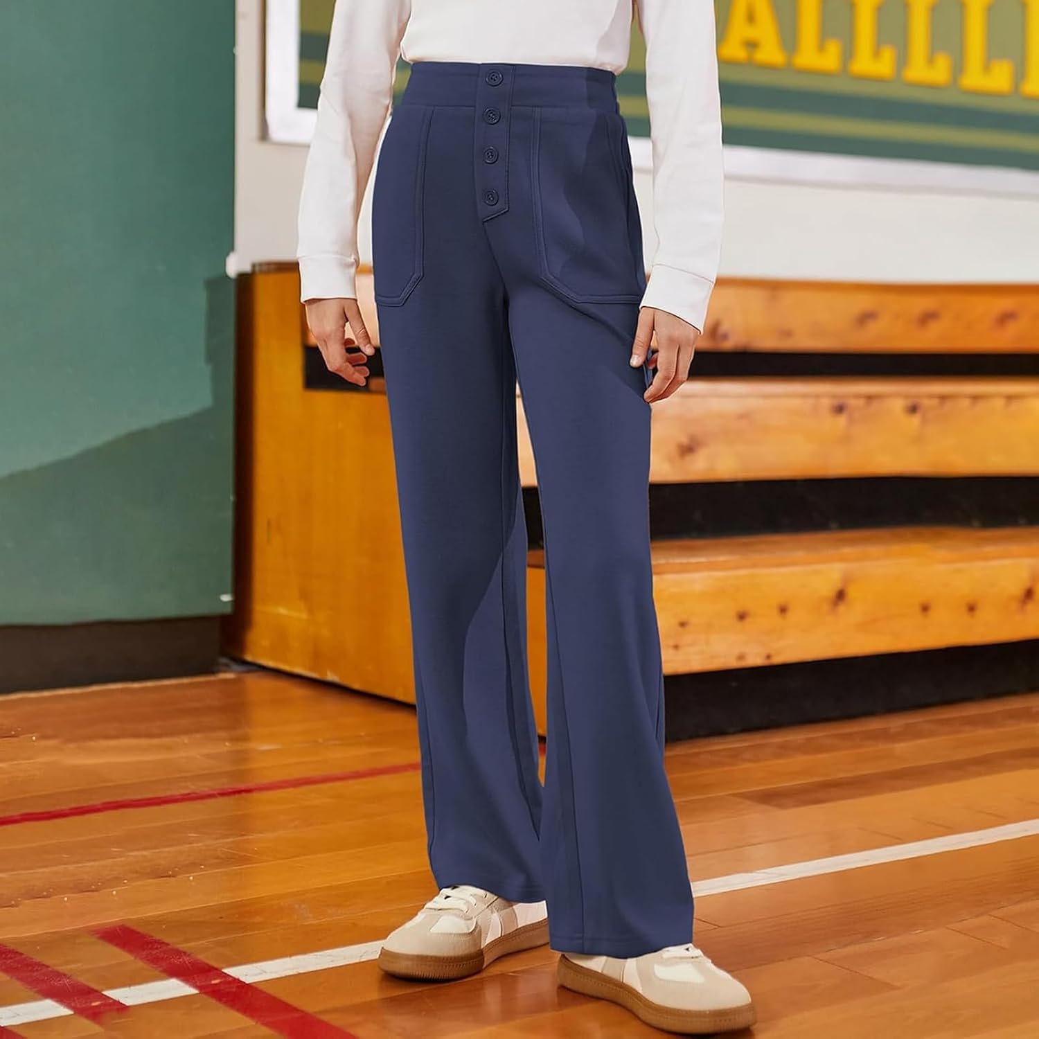 Girls School Uniform Chino Pants Straight Leg Buttons Twill Slacks