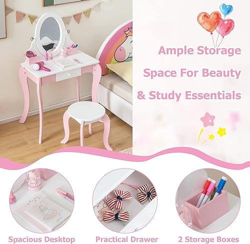Miniatura 4 de INFANS Tocador para niños con espejo giratorio de 360° y tablero de dibujo, tocador de maquillaje de princesa 2 en 1 y taburete con accesorios,