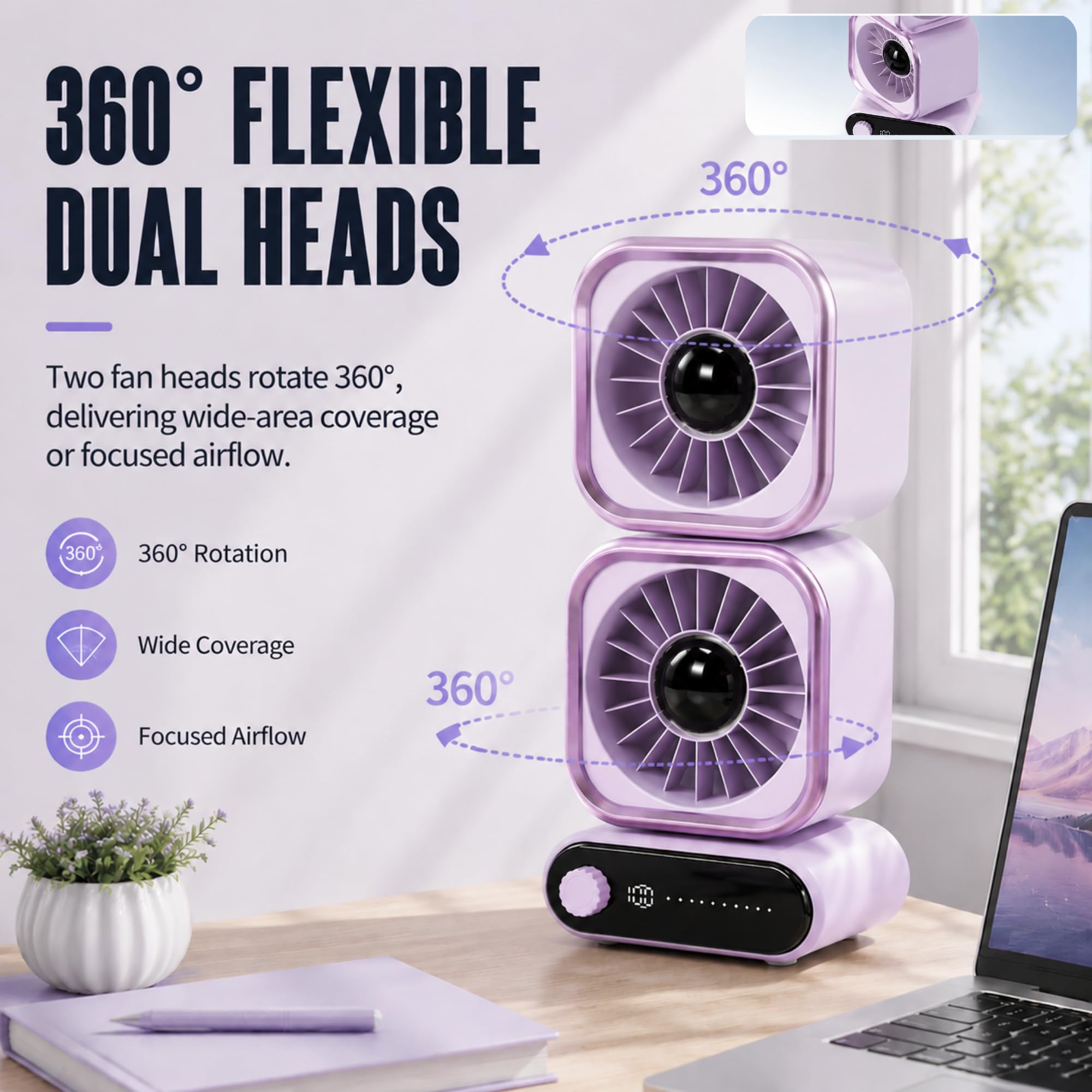 Ventilador de Escritorio de Doble Cabezal, Ventilador Recargable USB, Batería de 4000 MAh, 100 Velocidades Ajustables, Funcionamiento Silencioso, Rotación de 360 ​​grados,