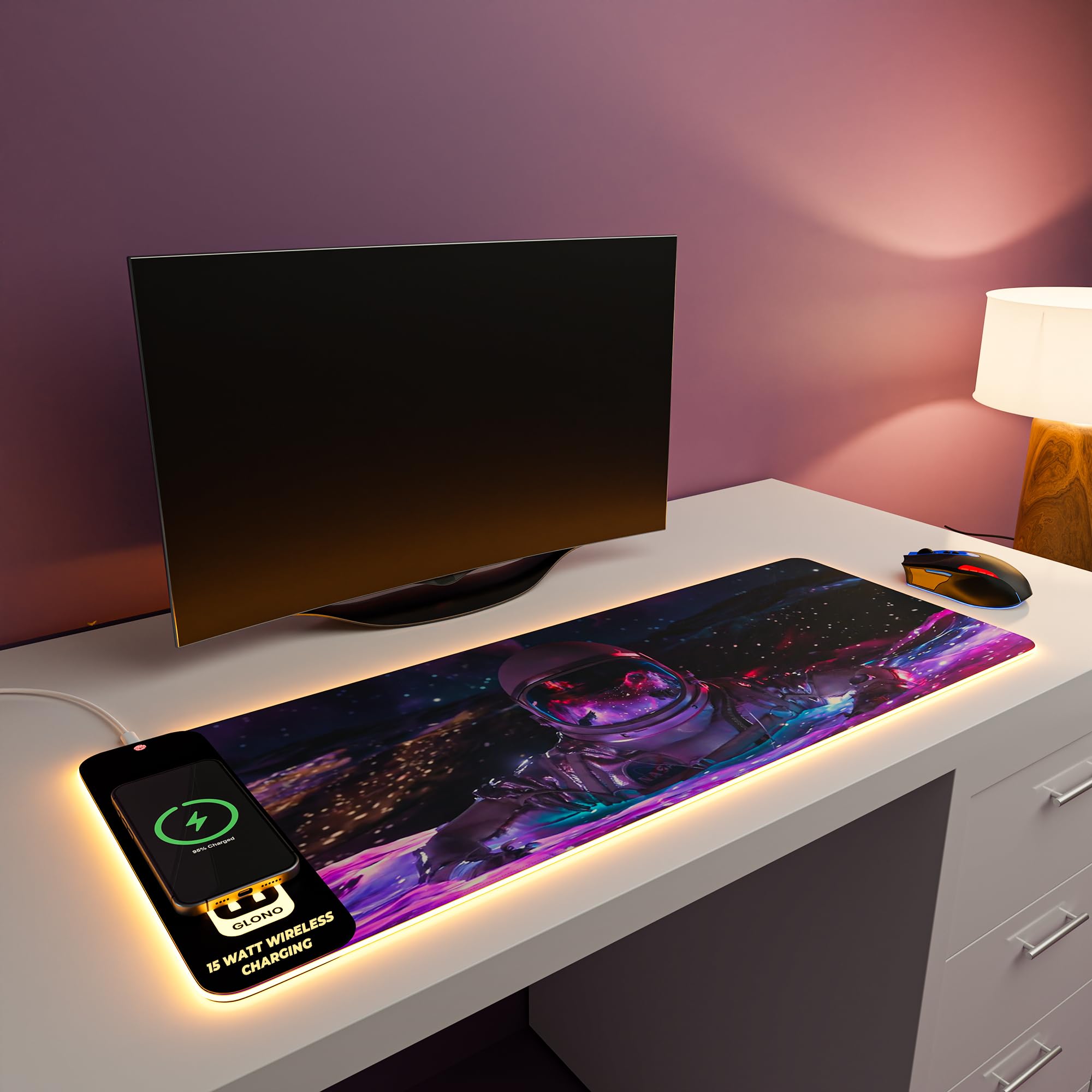 JCBL RGB Gaming Mouse Pad with 15W Wireless Charger | Non-Slip Desk Mat with LED Lighting | Qi-Compatible Charging for iPhone & Android | Keyboard Mouse Pad for Office and Home - The Spacewalk Theme