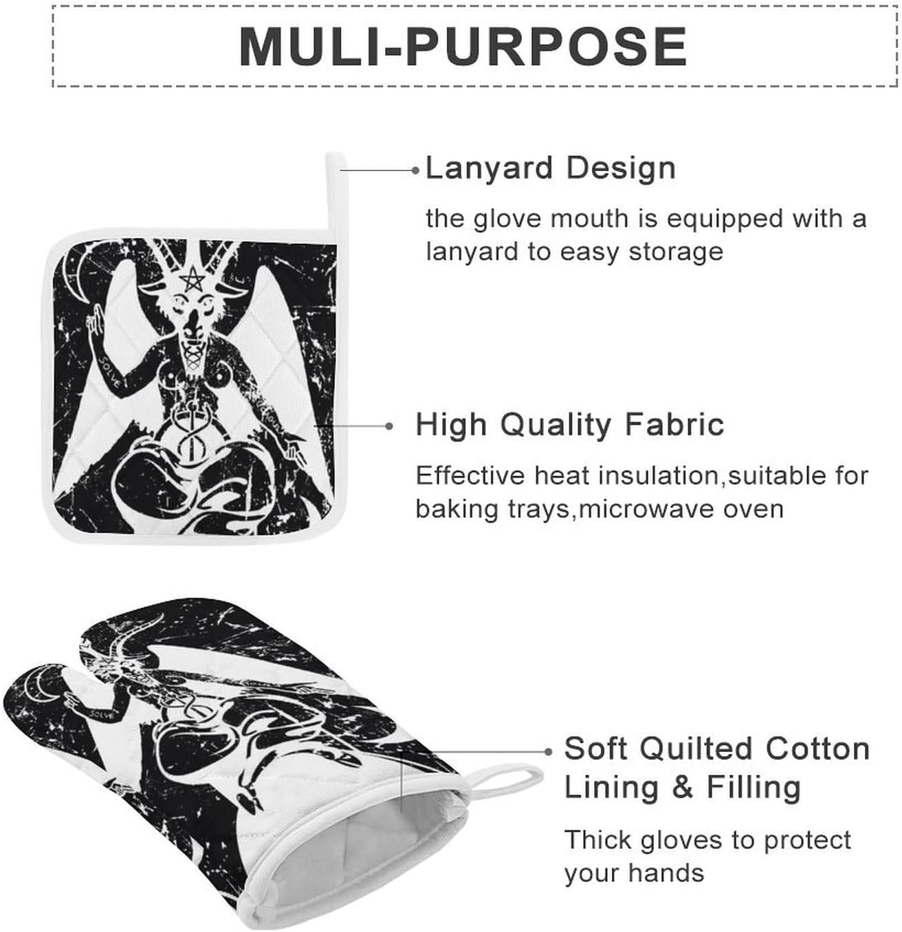 Satanic Goat Baphomet Print Oven Mitts and Pot Holders 3 Piece Sets Heat Resistant Gloves Hot Pads Potholders for Kitchen Baking Cooking
