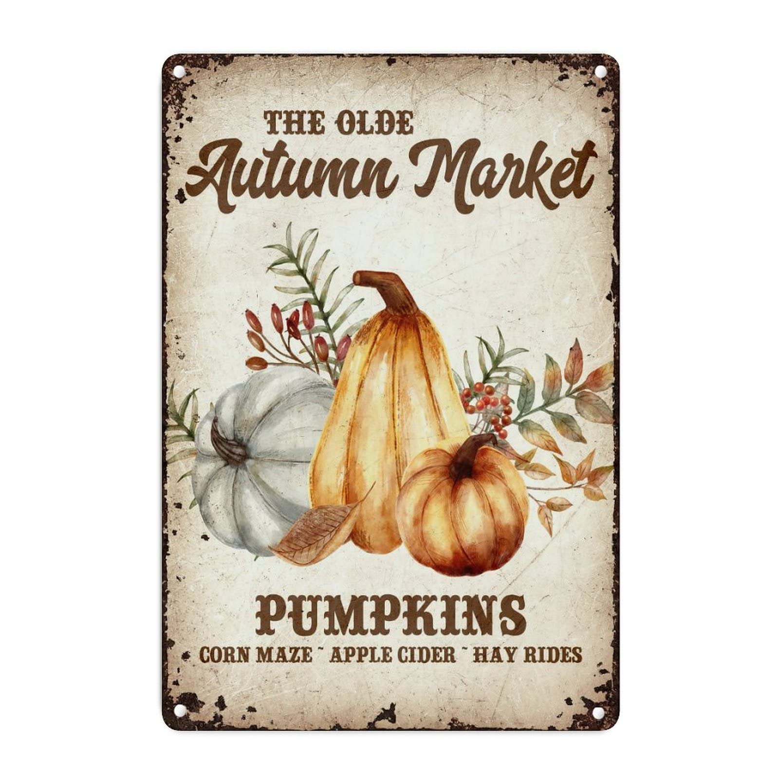 Plaque vintage en métal The Old Autumn Market - Décoration murale d'automne Thanksgiving