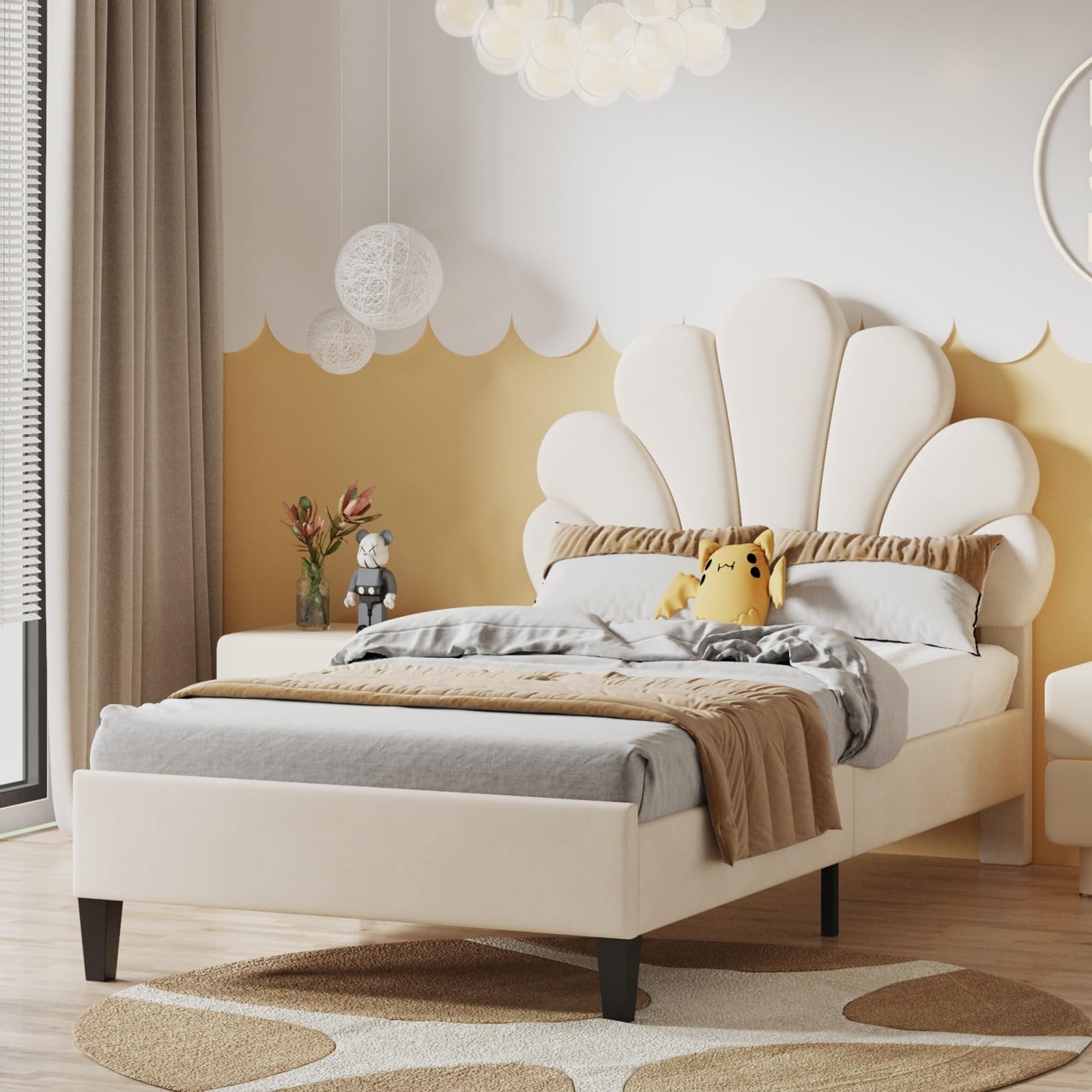 Velvet Upholstered Bed 90x190cm with Shell Headboard,3ft Double Bed Frame — image 1