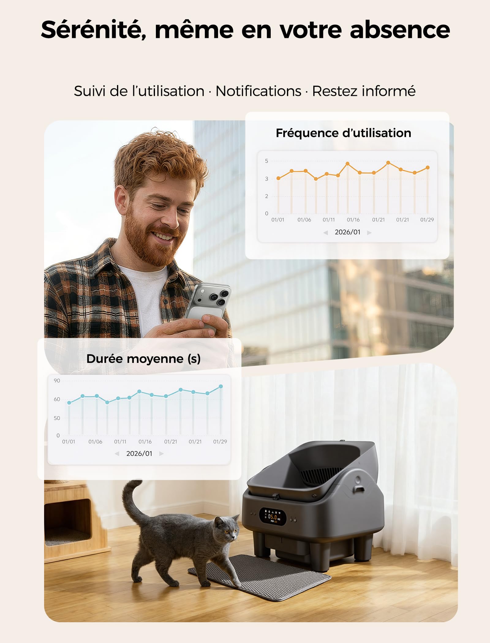 Automatische Selbstreinigende Katzentoilette mit App-Steuerung, 6-Zoll-Smart-LED-Display, 72L Kapazität, 10 Sicherheitssensoren, Geruchskontrolle, Offenes Design für mehrere Katzen, WLAN (2,4/5 GHz)