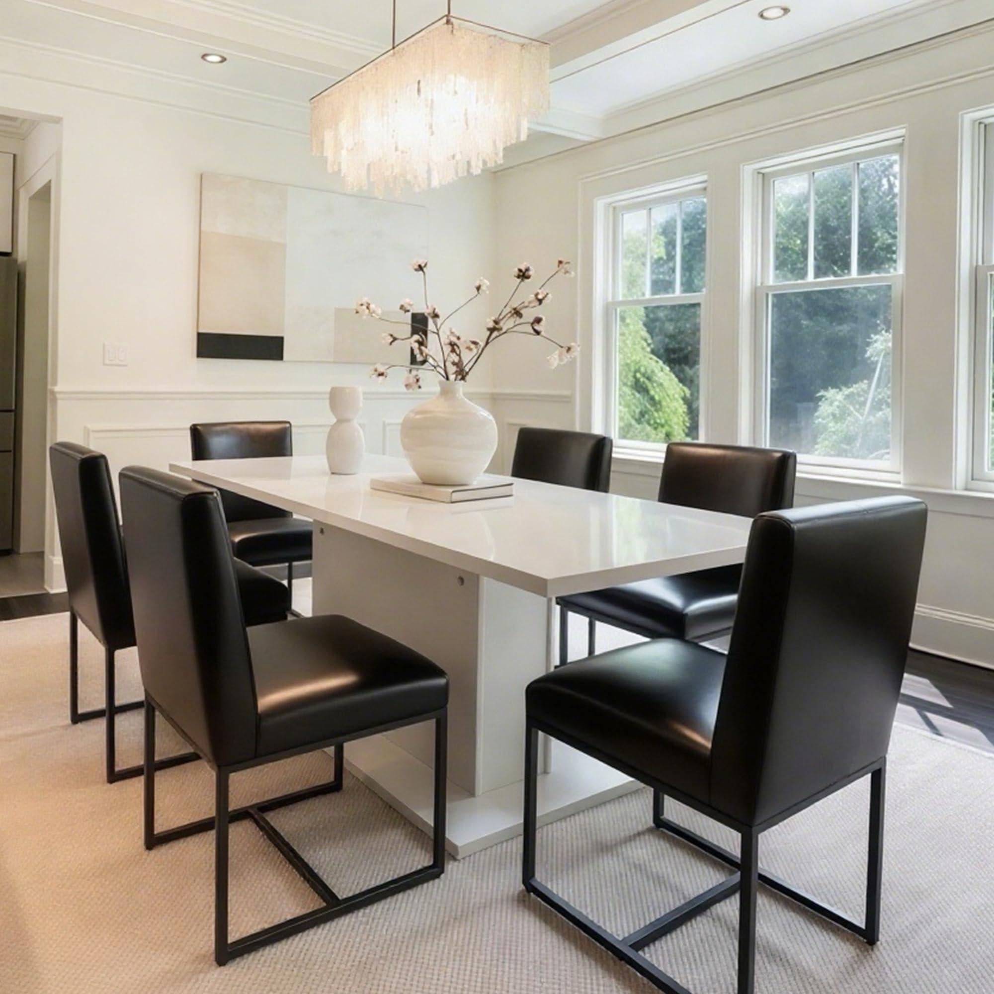 HNY Mid Century Modern Dining Chairs Set of 6, PU Leather Kitchen & Dining Room Chair, Upholstered Dining Chair Side Chair with Black Finish Metal