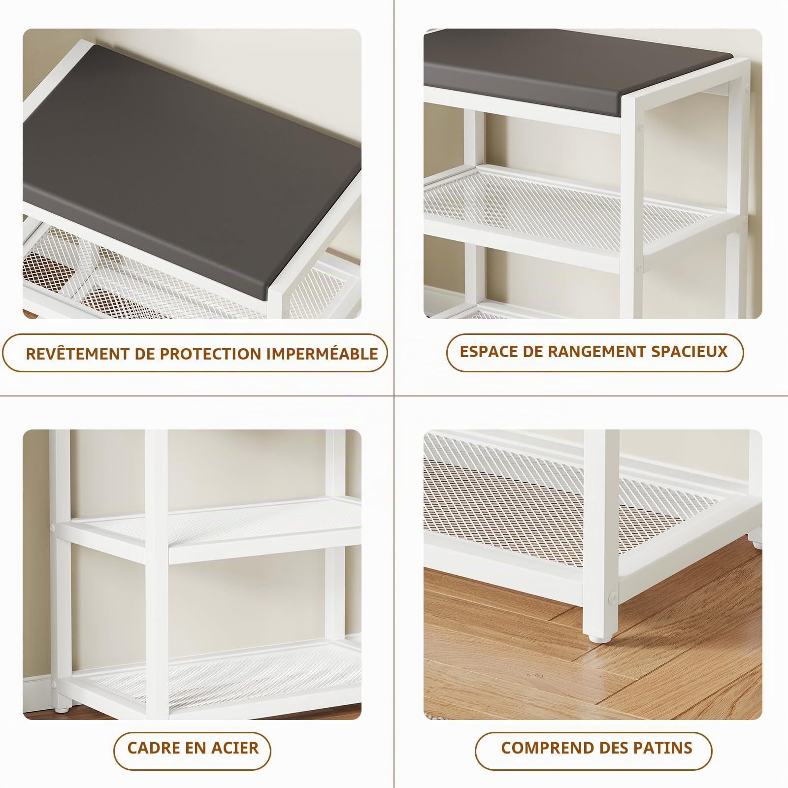 Banc à Chaussures Rembourré, Banc de Rangement, Blanc 45 x 30 x 43 cm