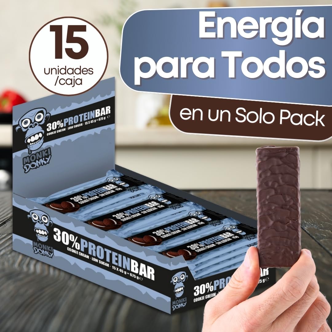 Barritas Proteina 30% Sabor Cookies & Cream – Barritas Proteínas Sin Azúcar – Snack Alto en Proteína para Gym o Trabajo – Pack 15 Unidades – Protein Bar Baja en Azúcar