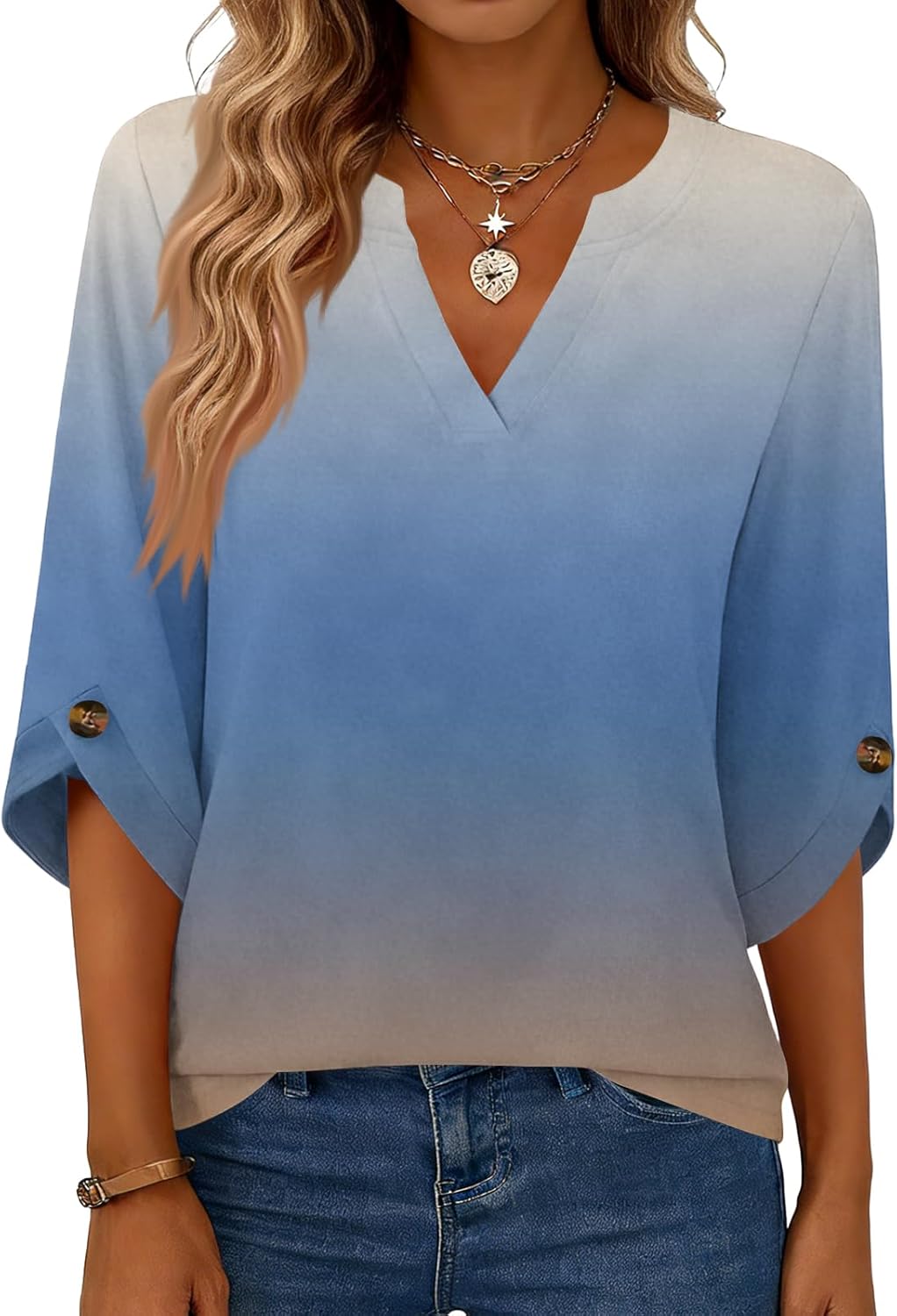 3/4 Length Sleeve Womens Tops V Neck T Shirts Plus Size Loose Fitting Tops Work Blouses Dressy Casual Outfits - Image 5