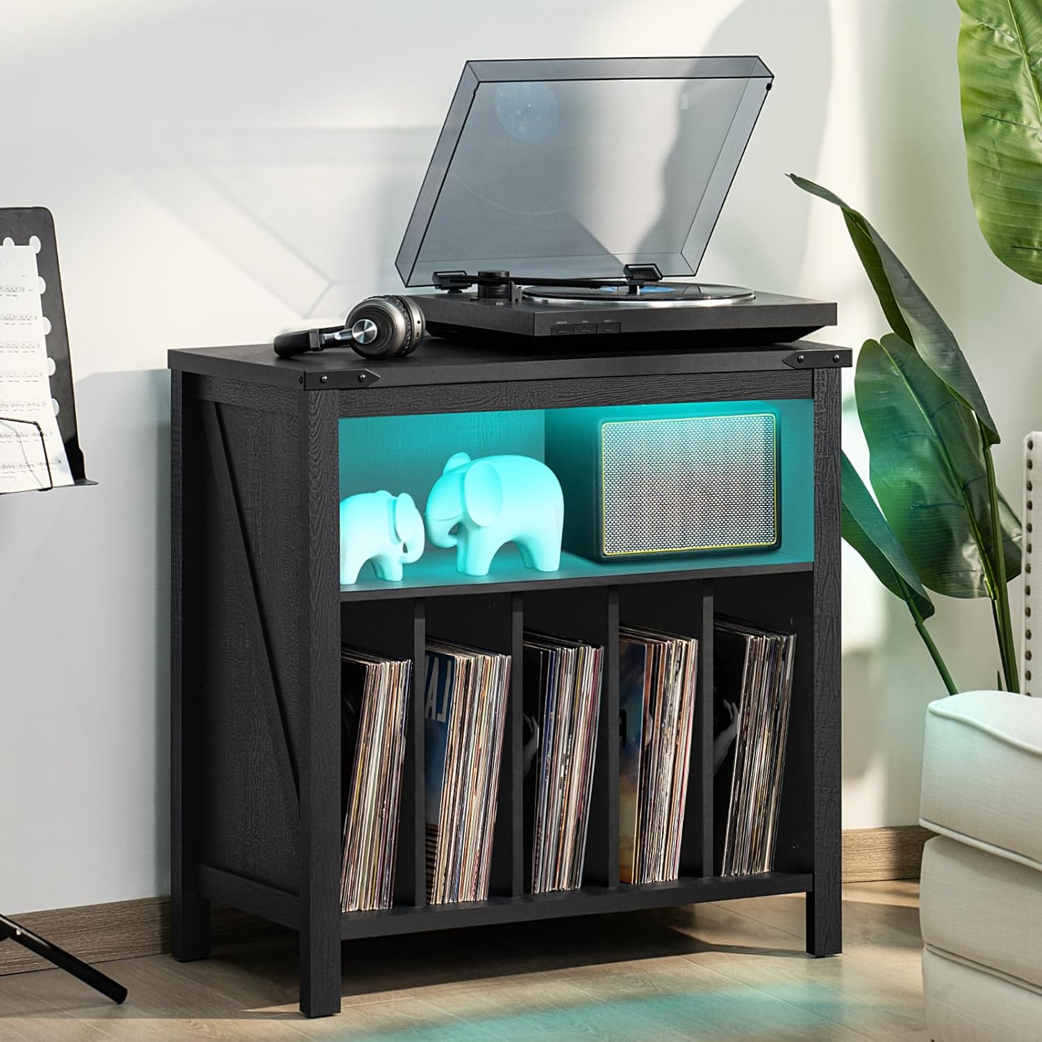  Large Record Player Stand with Charging Station & LED Lights, Vinyl Records Storage Holder Cabinet Holds up to 230 Albums, Turntable Stand for Music Room, Bedroom, Living Room, Office (Black) thumbnail