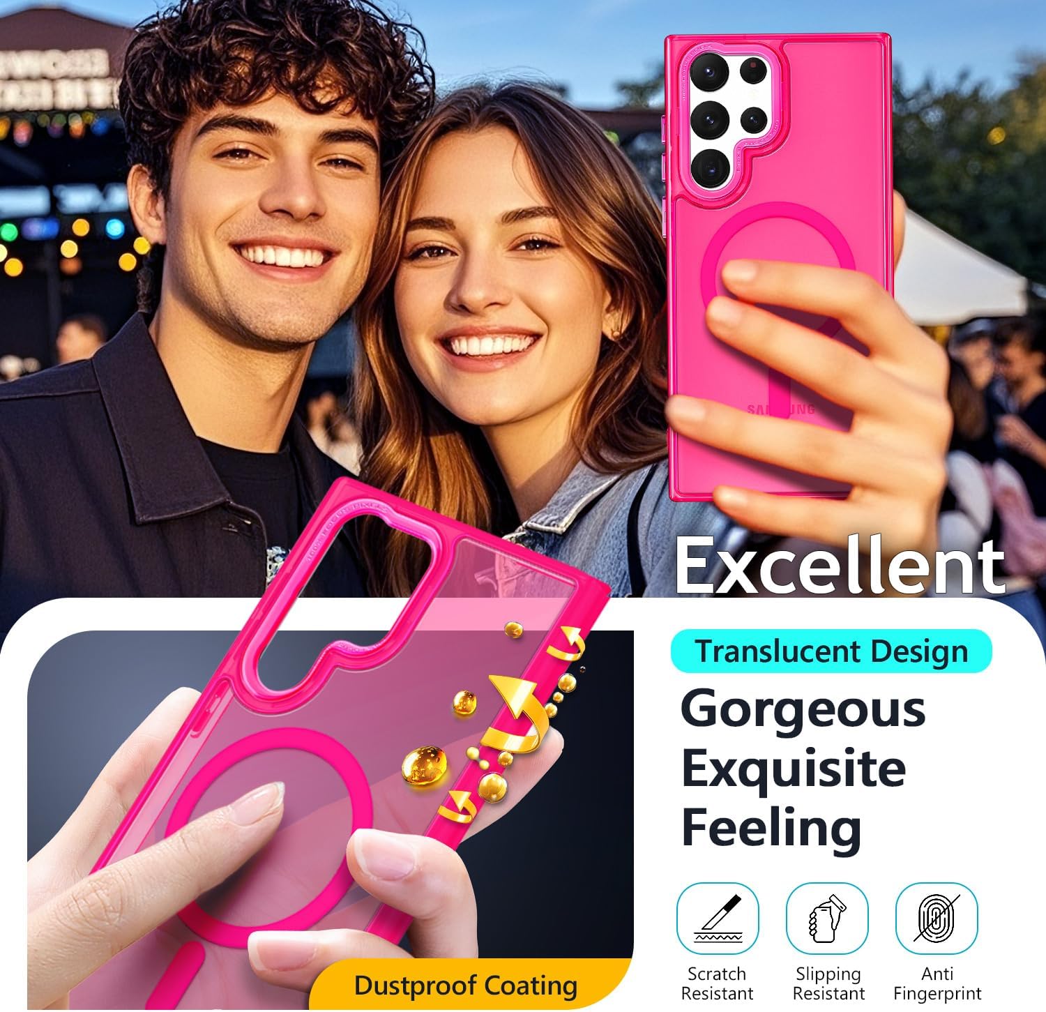 YZB for Galaxy S22 Ultra Case, MagSafe Compatible, Hot Pink, Slim Matte image 3