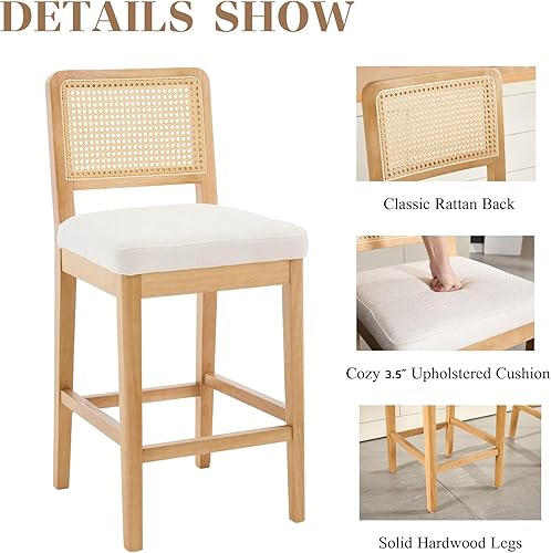 Miniatura 5 de Wahson Juego de 2 taburetes de bar de altura de mostrador, taburete de bar de ratán de granja con respaldo, taburetes de bar tapizados de madera de