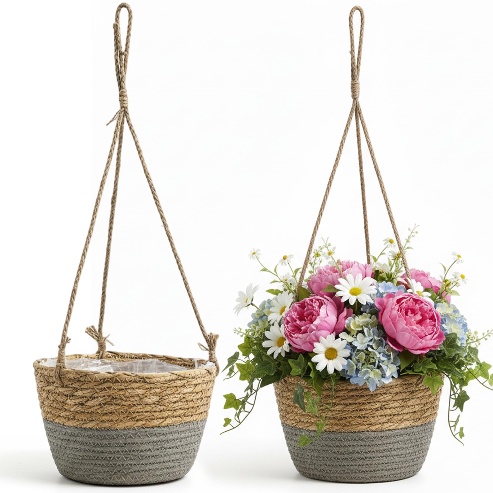 Qoidrfofse 2Pcs Hanging Baskets, Natural Seagrass Indoor Hanging Basket with Handwoven Rattan Hanger for Boho Home Decor Garden Patio Balcony, Grey