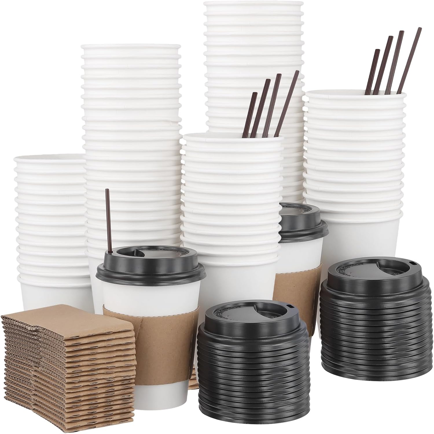 KEILEOHO 150-Pack 12oz Paper Coffee Cups with Lids Sleeves and Stirrers, Disposable Paper Coffee Cup, Hot/Cold Drinking Containers, To Go Cups with Lids, for Tea, Juice, Home, Office, Cafes