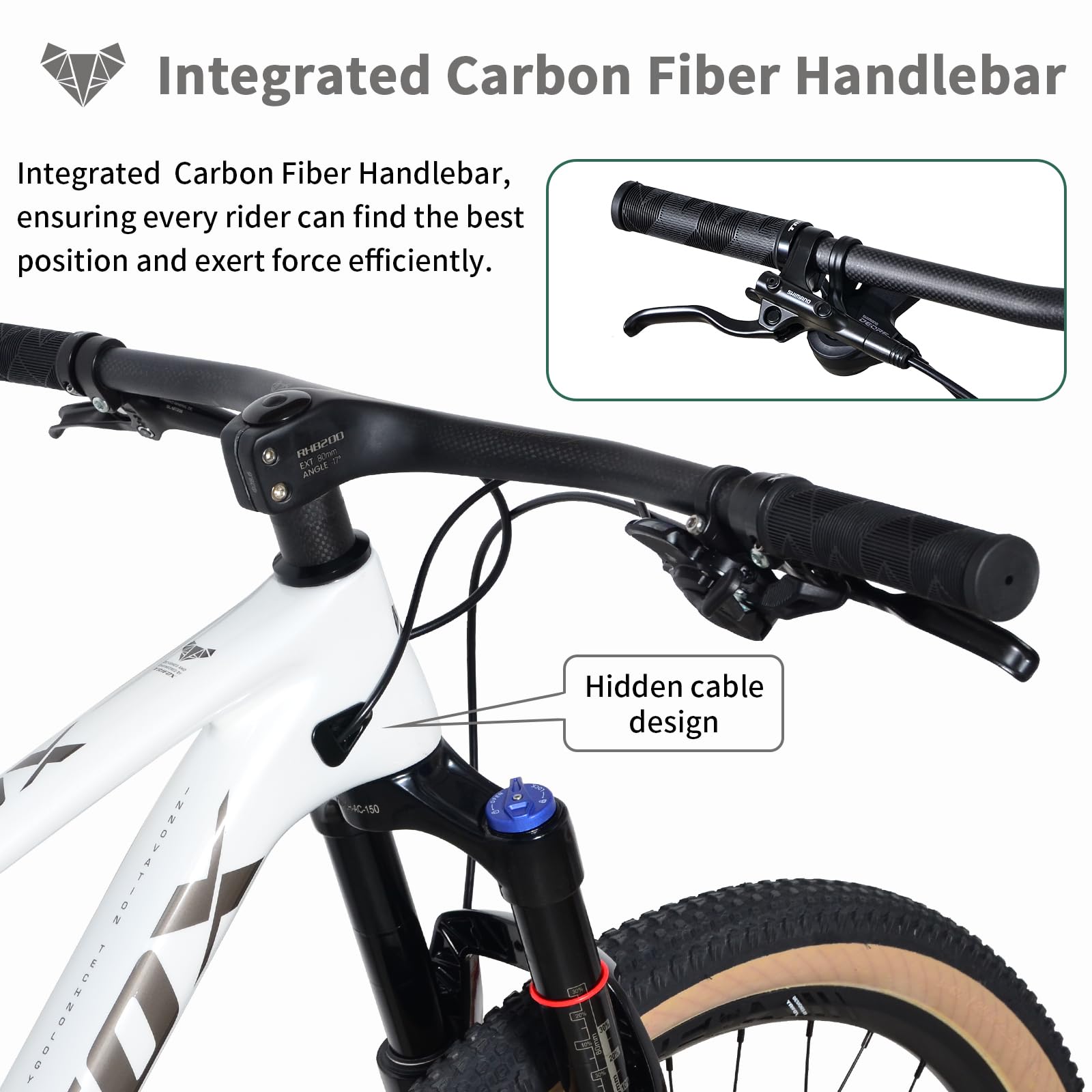 TRIFOX Carbon Full Suspension Mountain Bike with Shimano M6100 Deore Groupset 12-Speed, with Boost 29er Carbon Mountain Bike T800 Carbon Frame Carbon Integrated Bar, 140mm Travel Air Fork, Rear Shock