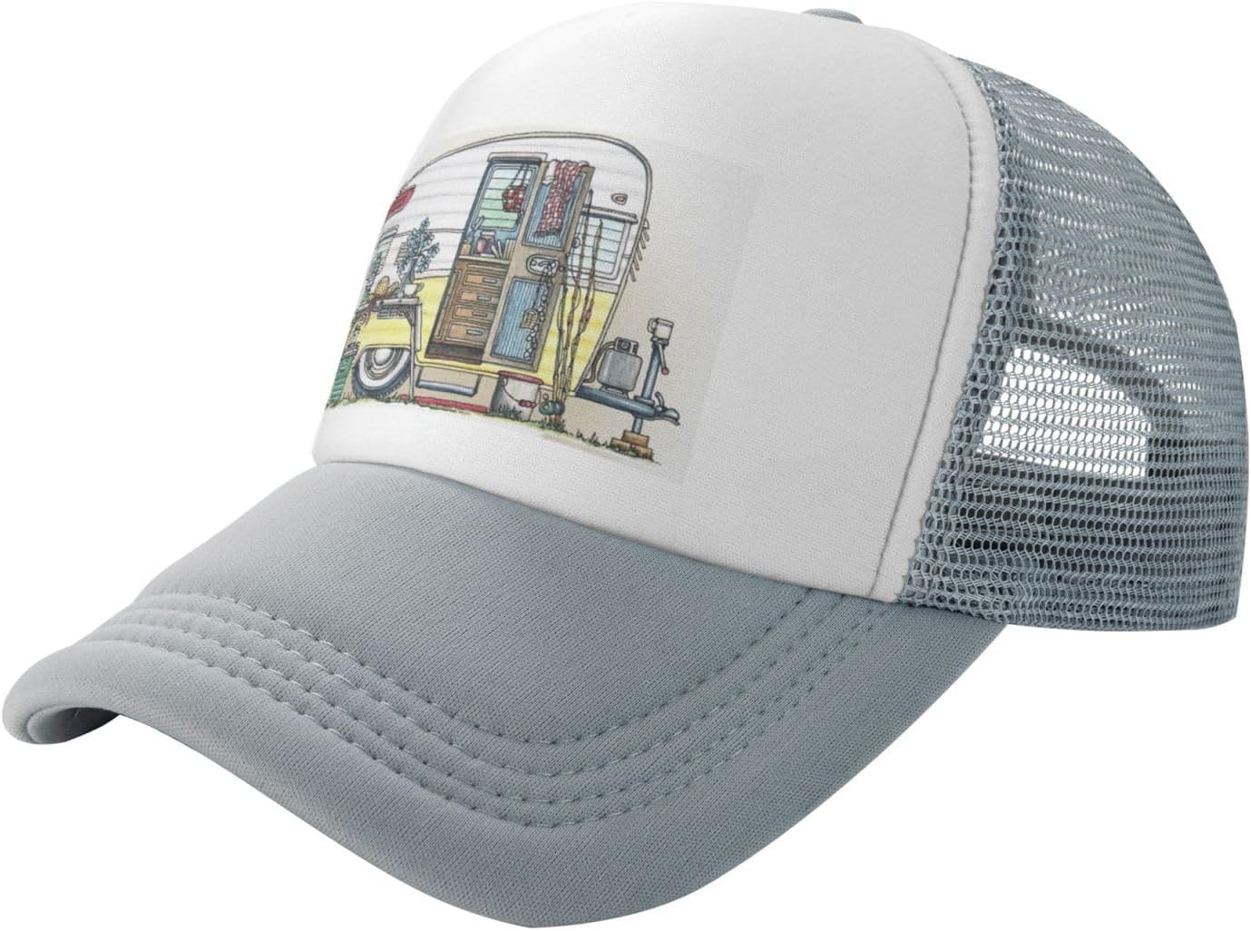 Happy Campers Printed Snapback Hats, Lightweight Mesh Back Caps, Adjustable Headgear for Running Or Travel