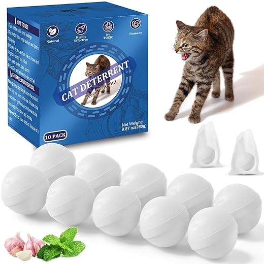 Cat Deterrent Outdoor, Natural Peppermint Oil Cat Repellent Outdoor, 10 Pack Cat Deterrent Balls Outdoor Indoor to Keep Cats Out of Yard, Garden, Lawn, Prevent Scratch and Chew, Keep Cats Away