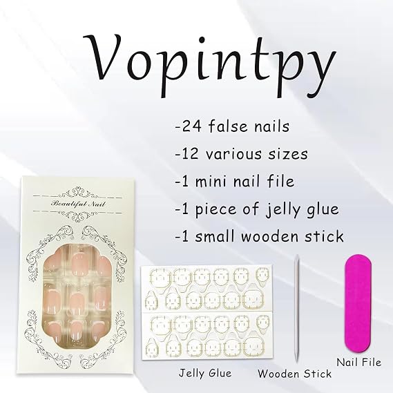 White French Tip Press on Nails Short Square Fake Nails Mirror Acrylic Glue on Nails Reusable Stick on Nails for Women DIY Manicure Design