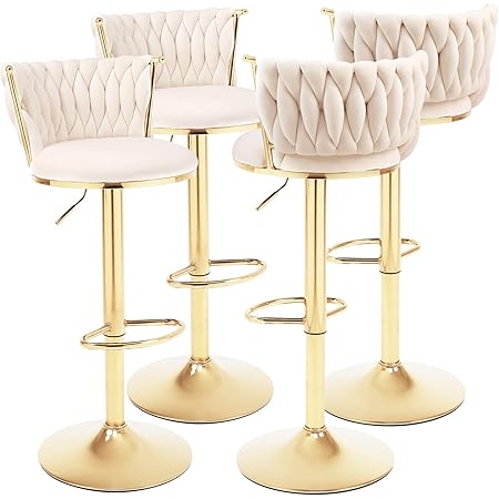 ODUWAVelvet Barstool Set of 4,Woven 360° Swivel Counter Height Bar Stools with Gold Metal Legs,Modern Adjustable Dining Kitchen Pub Accent Chair with Back and Footrest Counter Height Dining Chairs