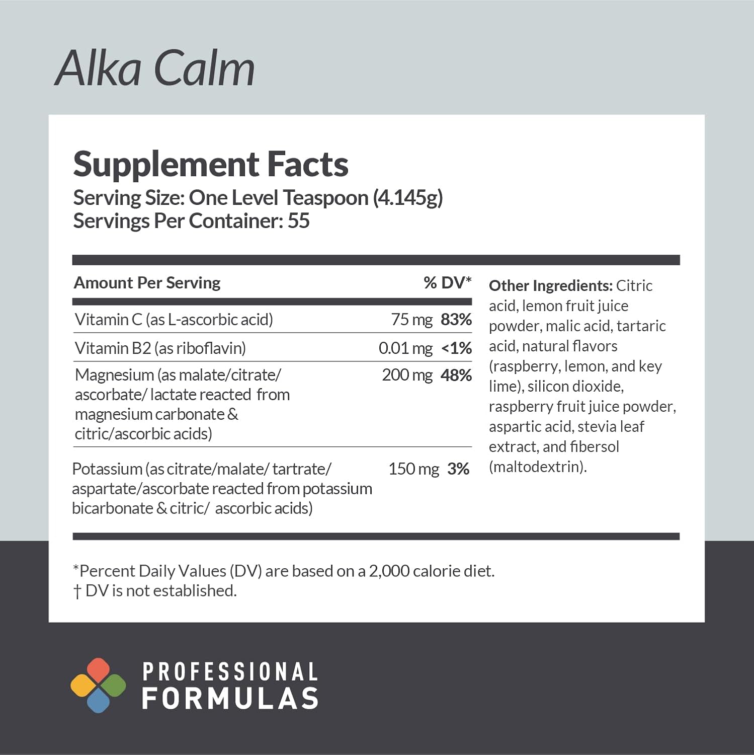 Professional Formulas Alka Calm – Effervescent Magnesium & Potassium Powder with Vitamin C – Supports Hydration, Muscle Relaxation, Nerve Function & Energy – Raspberry Lemonade – 55 Servings