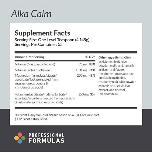 Miniatura 3 de Professional Formulas Alka Calm - Suplemento de magnesio y potasio, mezcla de bebida en polvo, sin gluten, vegetariano e hipoalergénico, frambuesa y