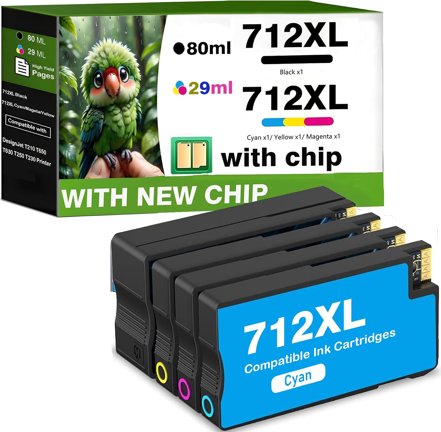 712XL 712 XL Ink High Yield Compatible for HP 712 Ink Cartridges Combo Pack Replacement for HP DesignJet T210 Ink Cartridge, DesignJet T630 T650 T230 T250 Studio Plotter Printer (BK/C/M/Y, 4 Pack)