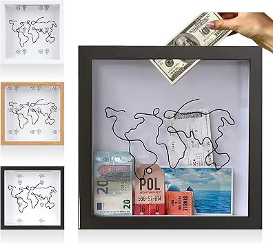 Adventure Archive Box with Slot, 8&12inch Travel Shadow Box Frame for Memories, Photo Storage Box for Keepsake, Honeymoon Fund Box for Coin, Souvenir, Tickets, Picture Log color, 8*8