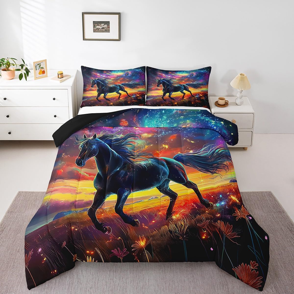 Castle Fairy Tree Pattern Full Size Comforter Set,Yin Yang Bedding Set for Adults Teens,Children Blue and Red Comforter Luxury Magic Quilt Set Room Decor 3Pcs