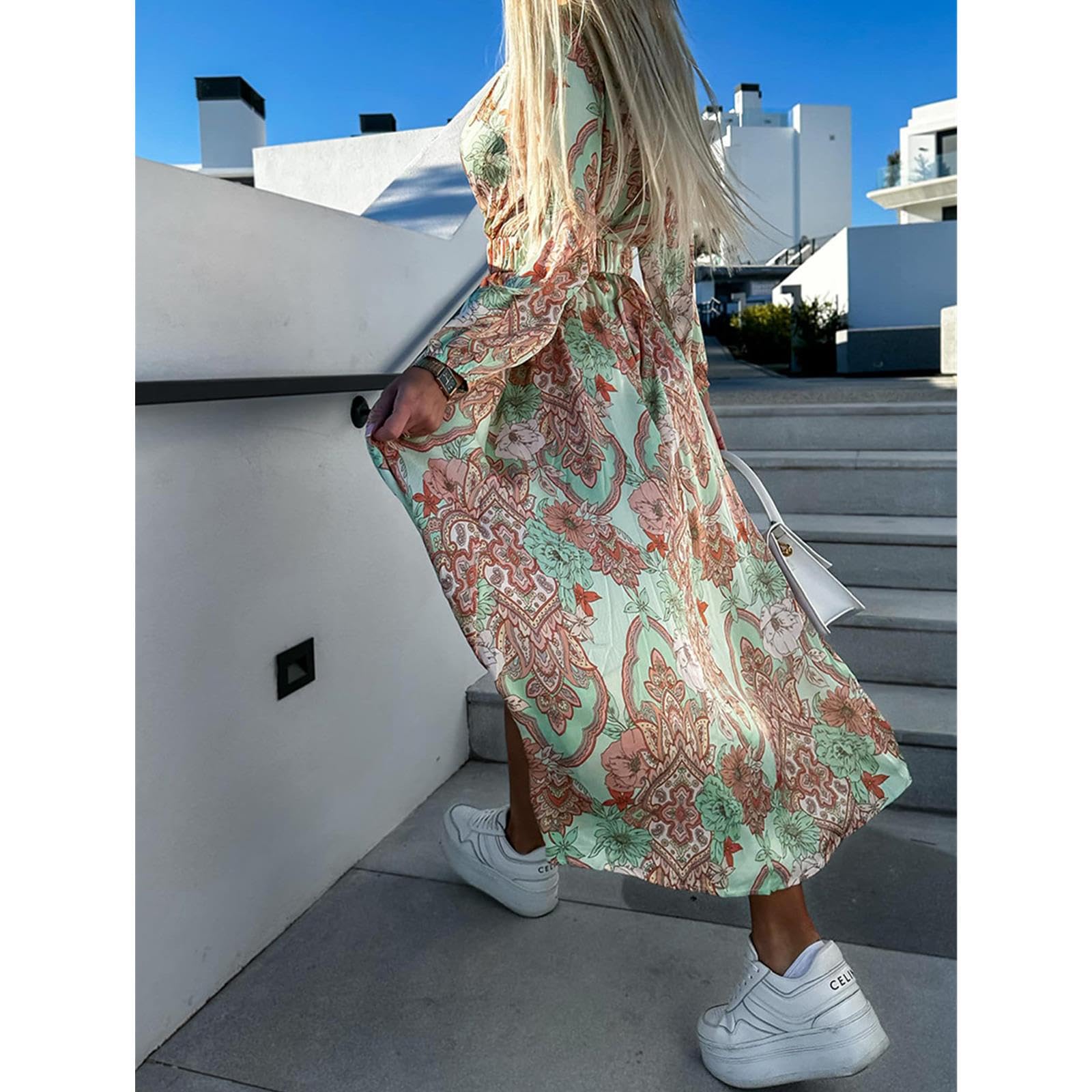 NOGRAX Letnie sukienki dla kobiet kwiatowy nadruk długa sukienka damska głęboki dekolt w serek długi rękaw wysoka rozcięcie sukienka swing z paskiem eleganckie sukienki plażowe