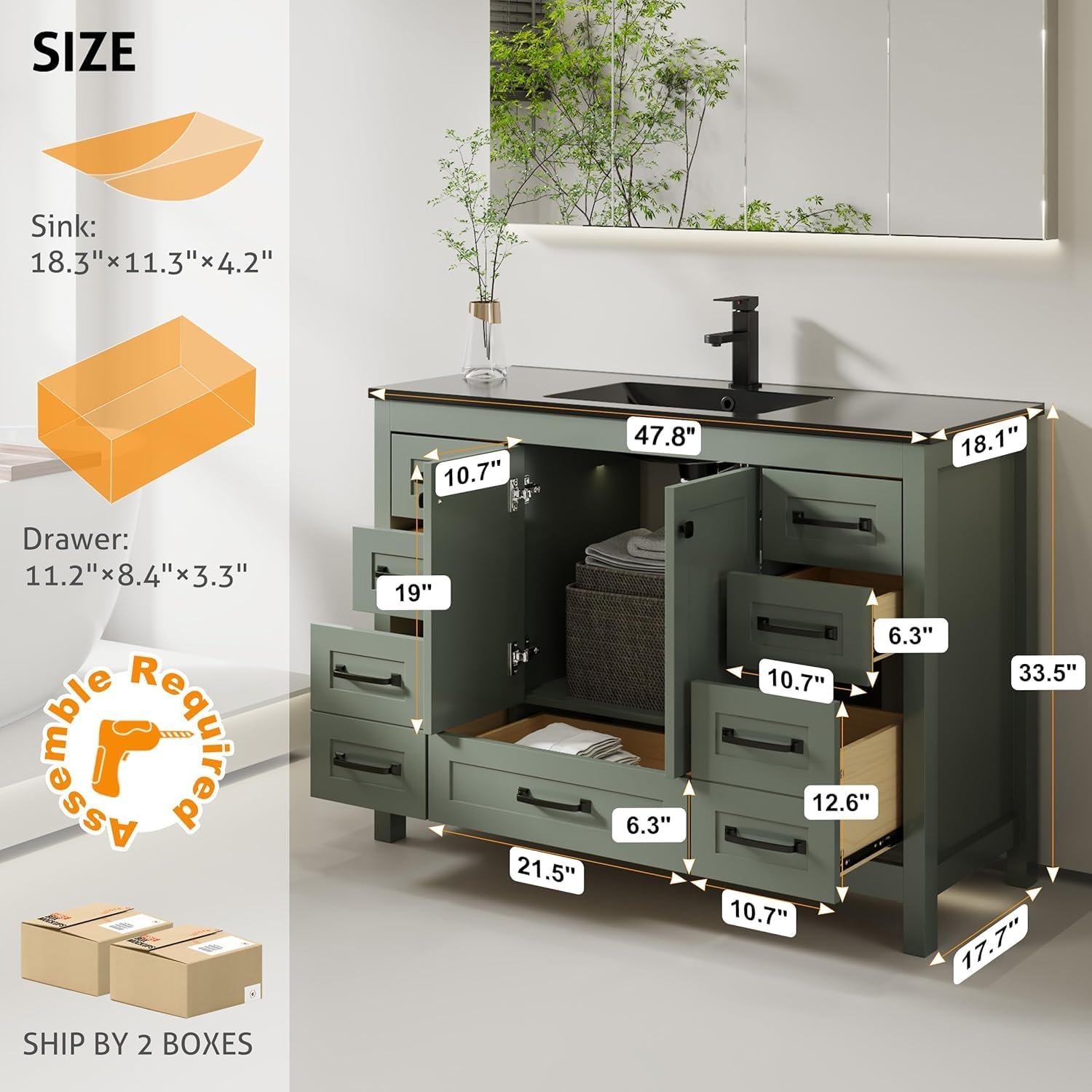 eclife 48" Bathroom Vanities with Sink Combo, Modern Freestanding Painted Bathroom Storage Cabinet w/Undermount Single Black Sink, Include Faucet and Drain, Gray Green