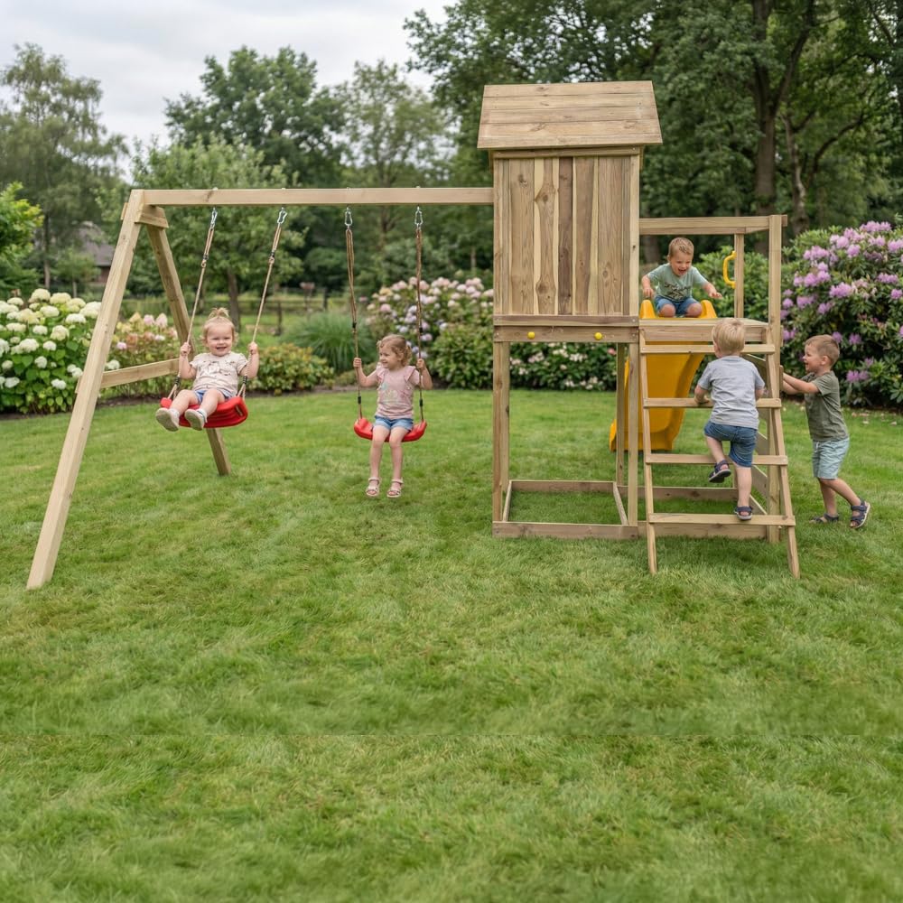 Casetta Rialzata in Legno per Bambini Maxplay 5 con Scivolo 2,2 m, Doppia Altalena e Parete Arrampicata – Parco Giochi da Giardino con Torre e Sabbiera, 368x370x262 cm, Legno Impregnato Autoclave