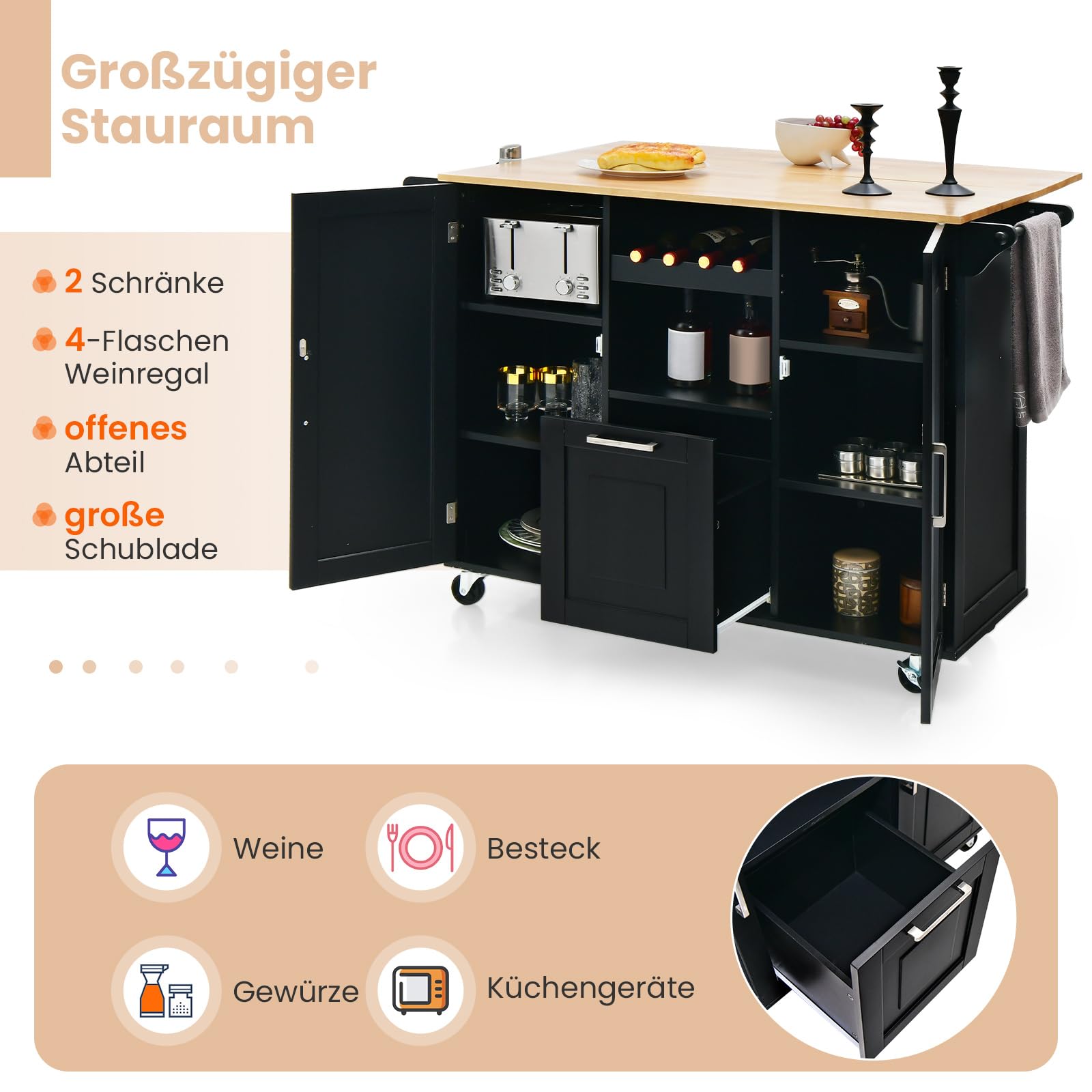 GOPLUS Keukenwagen, keukenrek met 4 wielen, 3 niveaus, keukeneiland met wijnrek en wijnglashouder, wijnkoelertafel in industriële stijl, voor keuken, eetkamer, bars, 100 x 40 x 87 cm, bruin