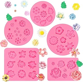 Mini Rose Flowers Chocolate Silicone Molds, 5 Packs Plumeria Fondant Molds Chrysanthemum Mould for Birthday Cake Decoration Cupcake Toppers Sugar Craft Cookie Polymer Clay Resin