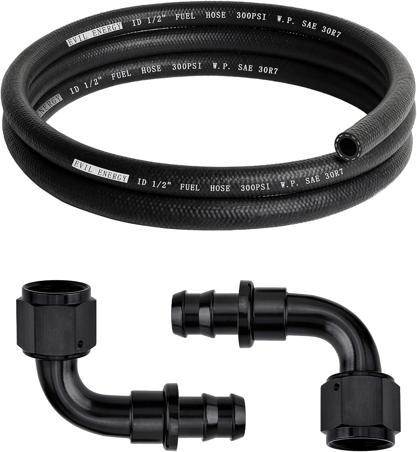 EVIL ENERGY 1/2 Fuel Hose Line Push Lock SAE 30R7 NBR 5FT 300PSI Bundle With 8AN 90 Degree Push Lock Hose Fitting Black 2PCS