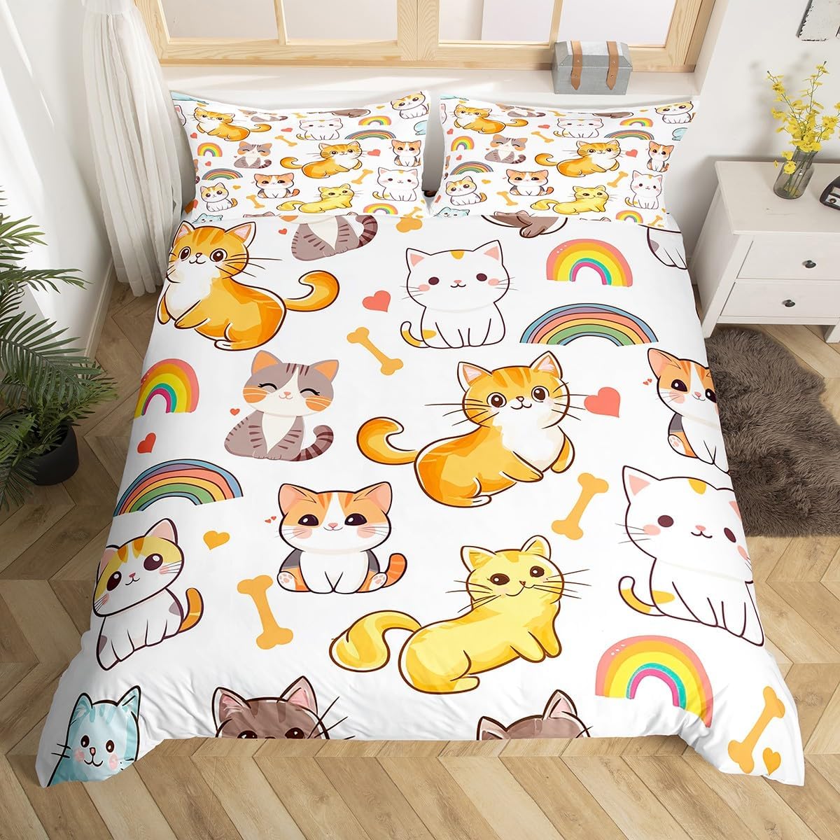 Homewish Cute Cats Duvet Cover Set Toddler Size,Colorful Kawaii Animal Pet Print Reversible Quilt Cover for Kids Boys Girls Rainbow Heart Shaped White Bedding Set with 1 Pillowcase,No Comforter