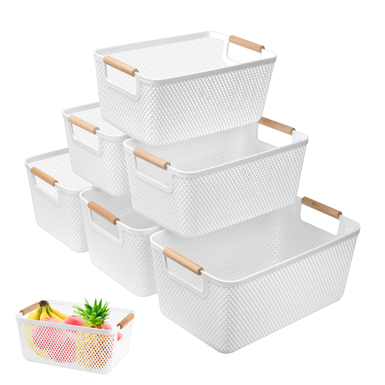 6 Packs White Plastic Storage Boxes with Wood Handle, Storage Baskets