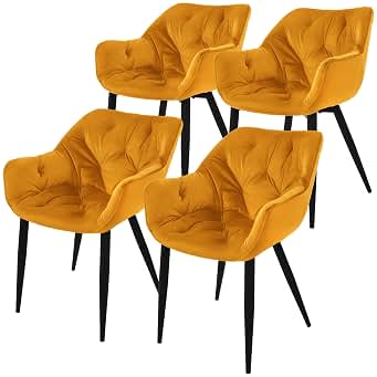 ML-Design Set 4x Sillas de Comedor con Respaldo y Reposabrazos Asiento Amarillo Mostaza Tapizado con Funda de Terciopelo Patas de Metal Sillón Diseño Ergonómico Moderno para Salón, Escritorio o Cocina
