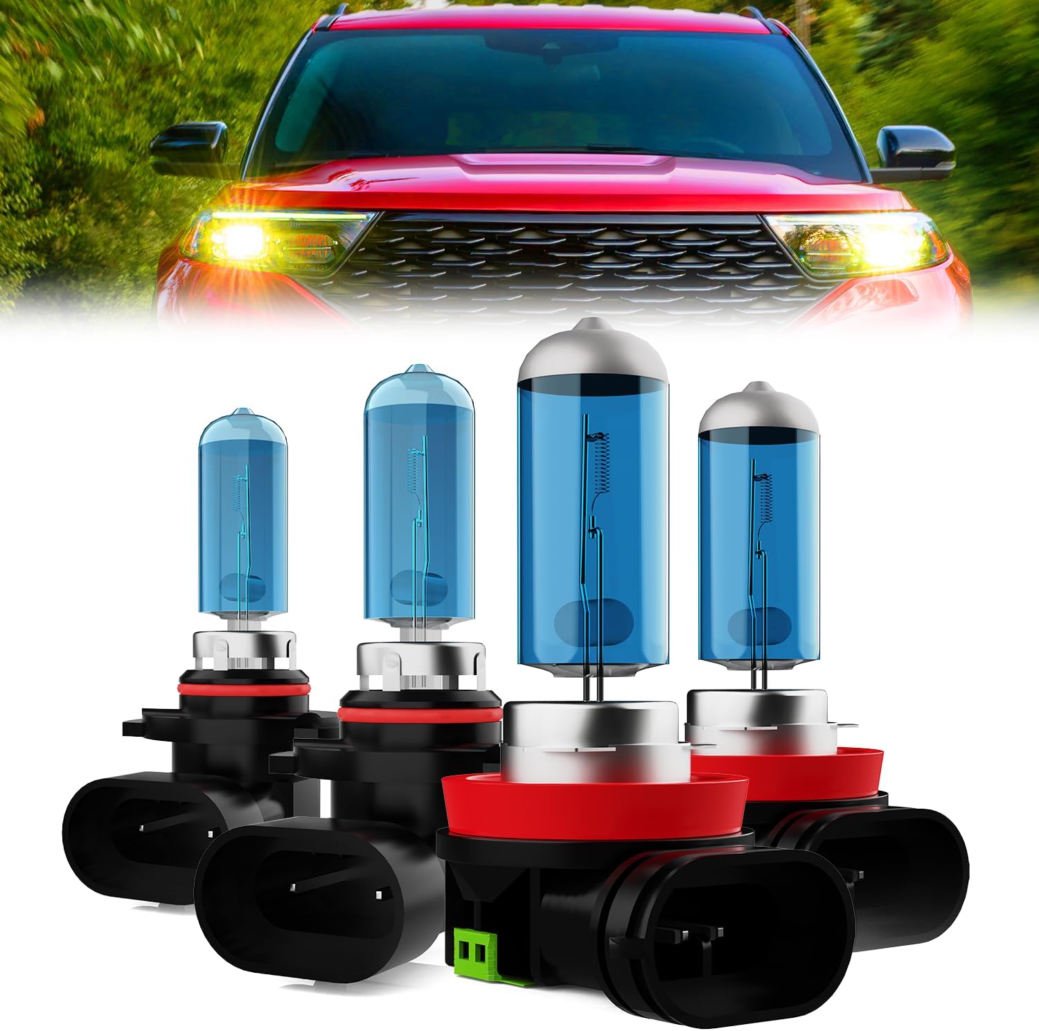 Headlight Bulbs Compatible With Ford Explorer 2011-2015, 9005/H10/HB3 High Low Beam + H11/H8/H9 Fog Lights Halogen Light Bulb Combo, Super Bright 6000K White, Plug and Play, Pack of 4