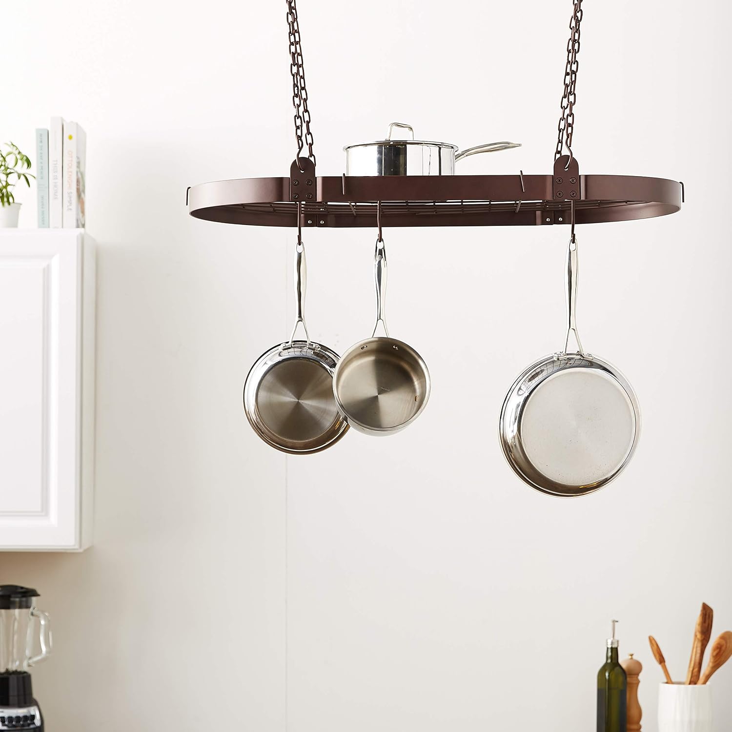 Old Dutch Medium Gauge Oval Hanging Pot Rack with Grid & 12 Hooks, 36" x 18", Oiled Bronze