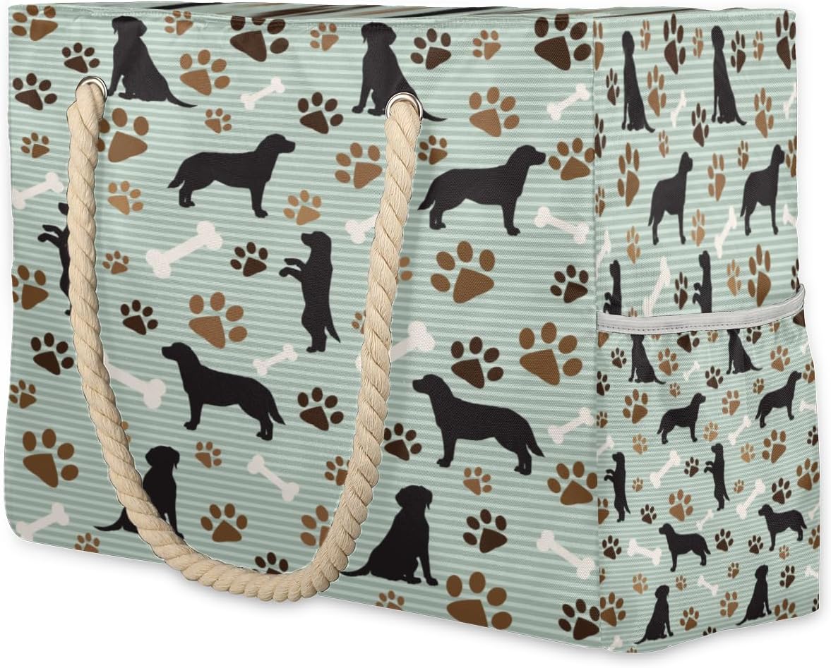 Striped Dog Bone Paw Print Beach Bag for Women Waterproof Sandproof Tote with Zipper Cotton Rope Handles for Travel Pool Gym Shopping