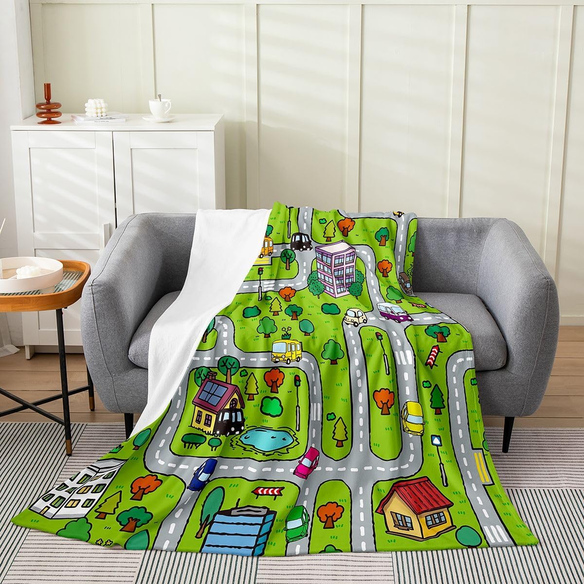 Throw 50"x60" Playing Car Plush Road and Traffic Flannel Fleece Throw Blanket for Sofa Couch Toddler Soft Coloful Fun Game Fuzzy All Season Educational Race Track Plush