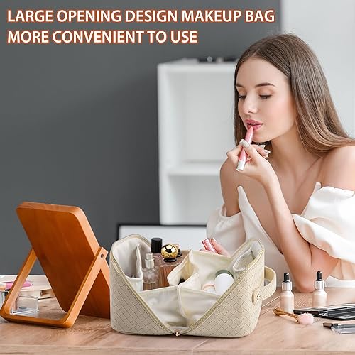 Miniatura 4 de Bolsa de maquillaje de viaje de gran capacidad para mujer, bolsa de cosméticos portátil impermeable con compartimentos, diseño plano plegable para
