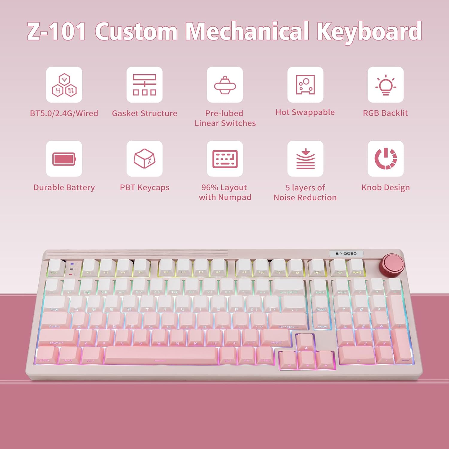 Во текот наview of the E-YOOSO Z-101 Custom Mechanical Keyboard highlighting features like BT5.0/2.4G/Wired, Gasket Structure, Pre-lubed Linear Switches, Hot Swappable, RGB Backlit, Durable Battery, PBT Keycaps, 96% Layout with Numpad, 5 layers of Noise Reduction, and Knob Design.