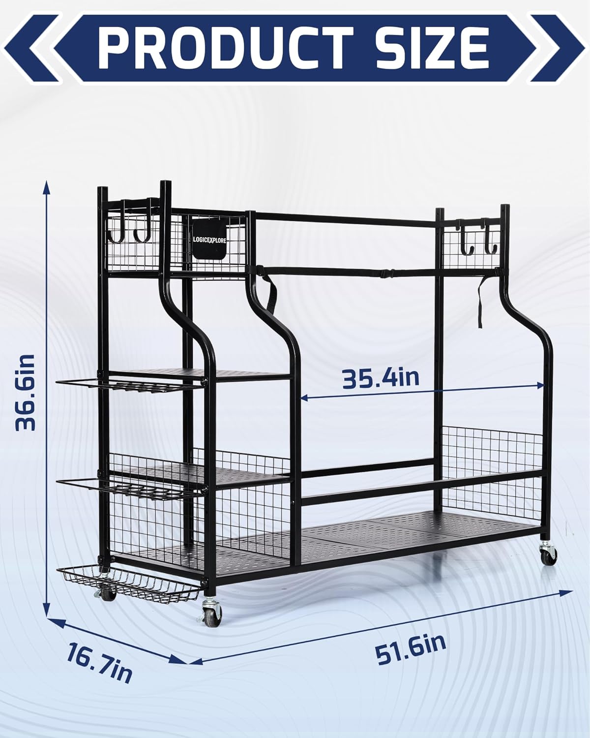 Golf Bag Storage Organizer Rack for Garage, Golf Bag Stand with Rolling Wheels, Heavy-Duty Metal Golf Equipment Organizer for Home, Garage, Clubhouse