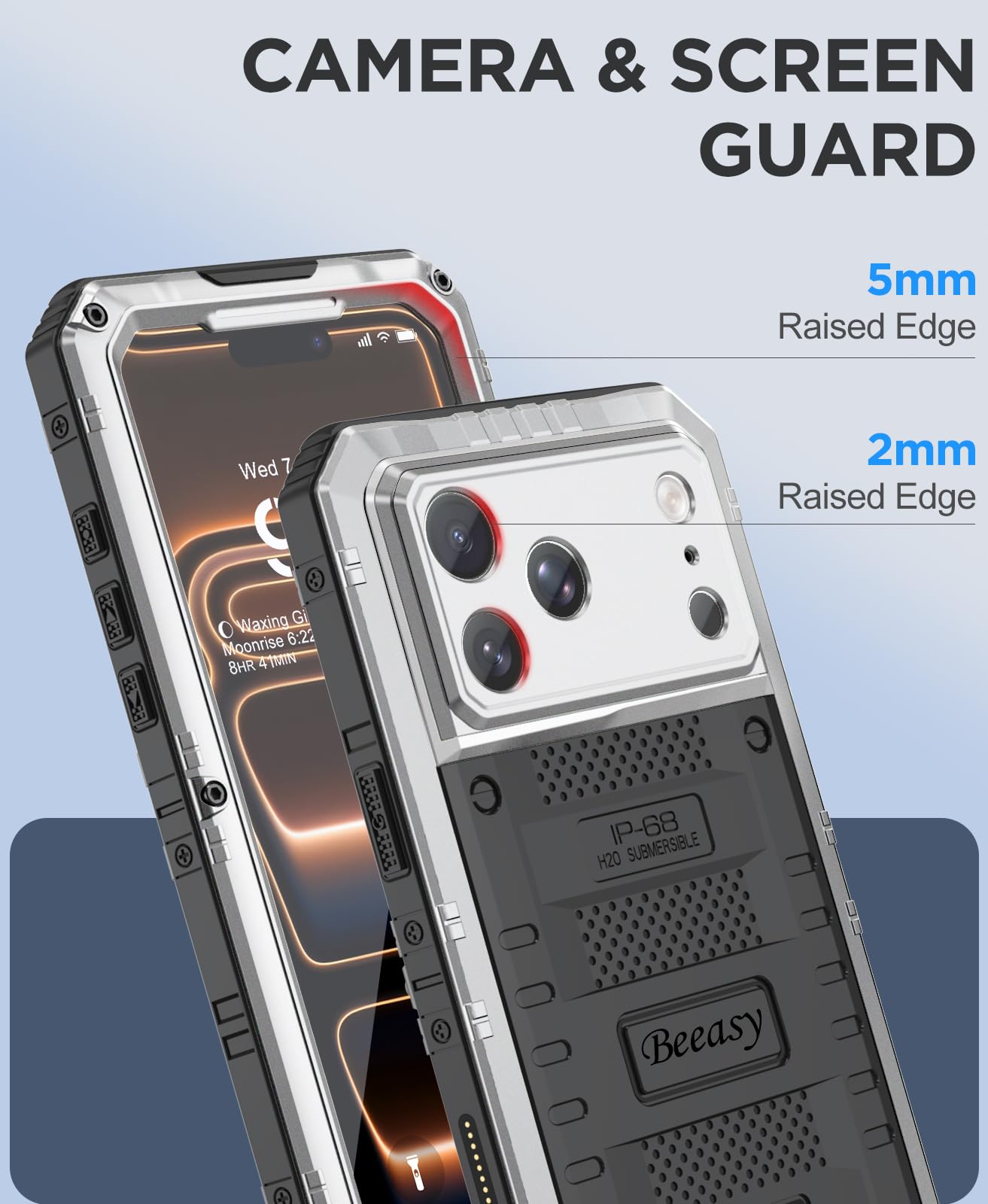 Beeasy Funda para iPhone 17 Pro MAX Impermeable IP68 360°, Carcasa Metálica Armor Militar Antigolpes, Protección Irrompible Resistente Antipolvo Sumergible Acuatica Estanca Waterproof Case, Plateado