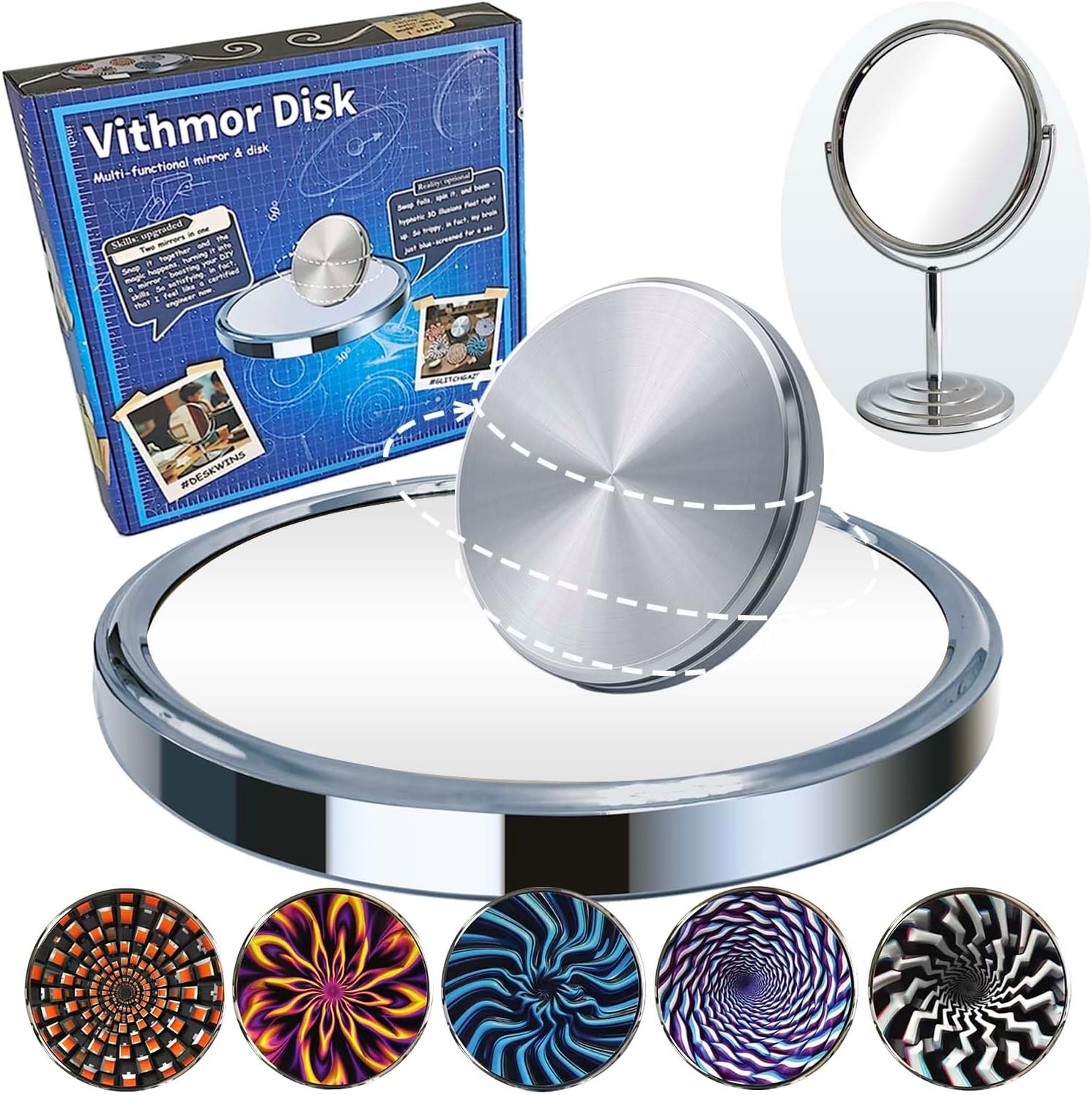 2-in-1 Disk Spin Science & Vanity Makeup Mirror - Create Optical Illusion Spin & Desk Mirror – Spin Kinetic Desk Toys for Home, Office, Education - Physics Toys for Adults & Kids 8+