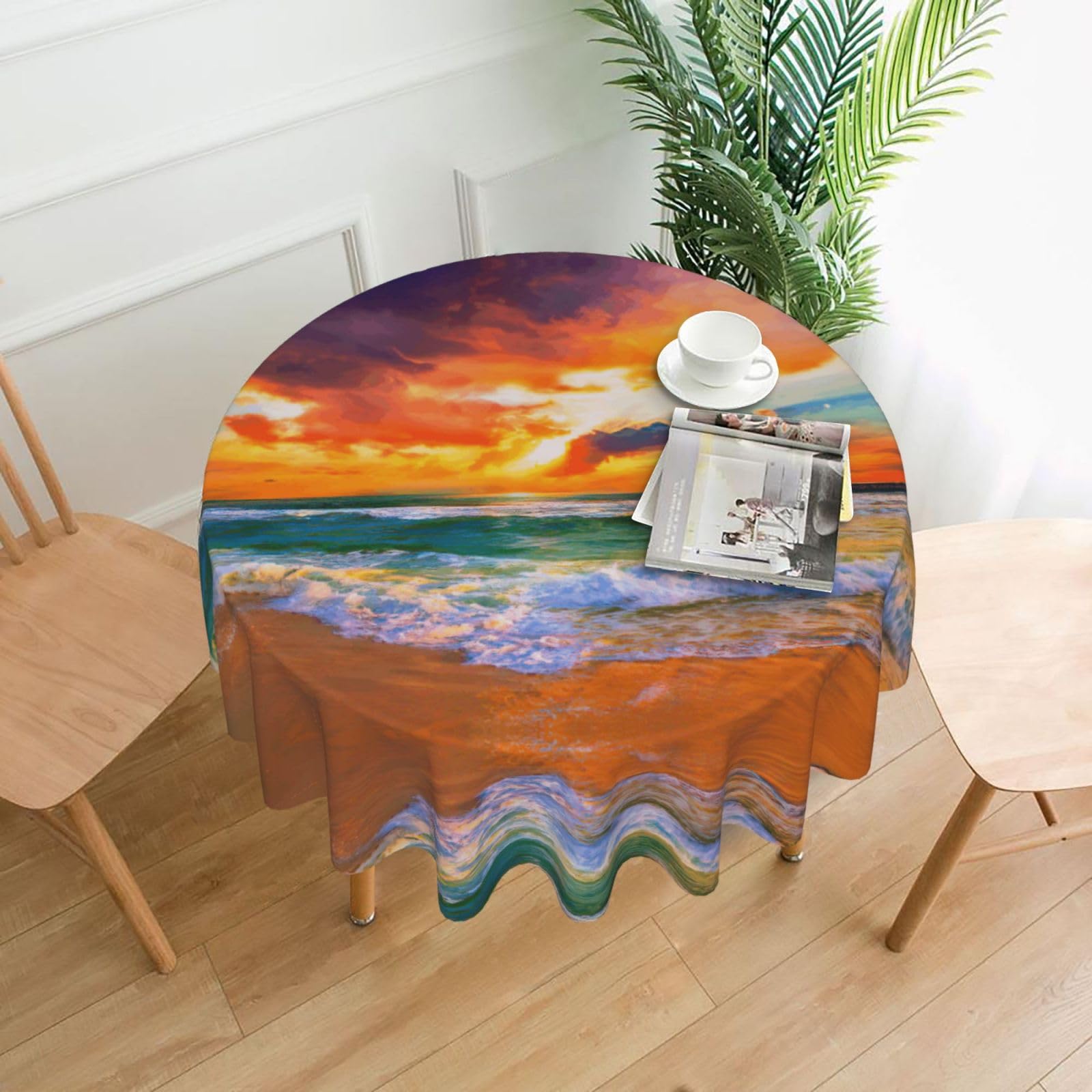 Zcmkjlg beautiful beach at sunset Print Quick Ship Round Tablecloth 60in Polyester Washable Cover for Dining Room