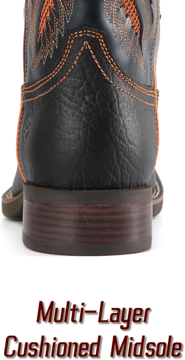 SUREWAY Cowboy Boots with Artful Cut-Out Detail, Men’s Square Toe Full Grain Leather Boots,Oil and Slip Resistant, Durable 10-Inch Pull-On Wellington Boots for Men - Image 5