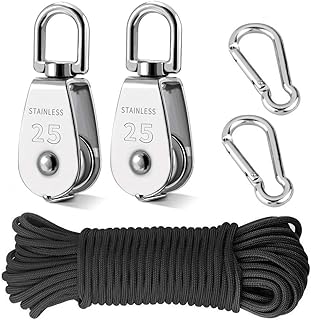 2pcs M25 Crane Pulley Block, 304 Stainless Steel Swivel Hook Single Pulley Block with 20M(6mm) Nylon Pulley Line Rope & 2pcs Carabiner Snap Hook Clips
