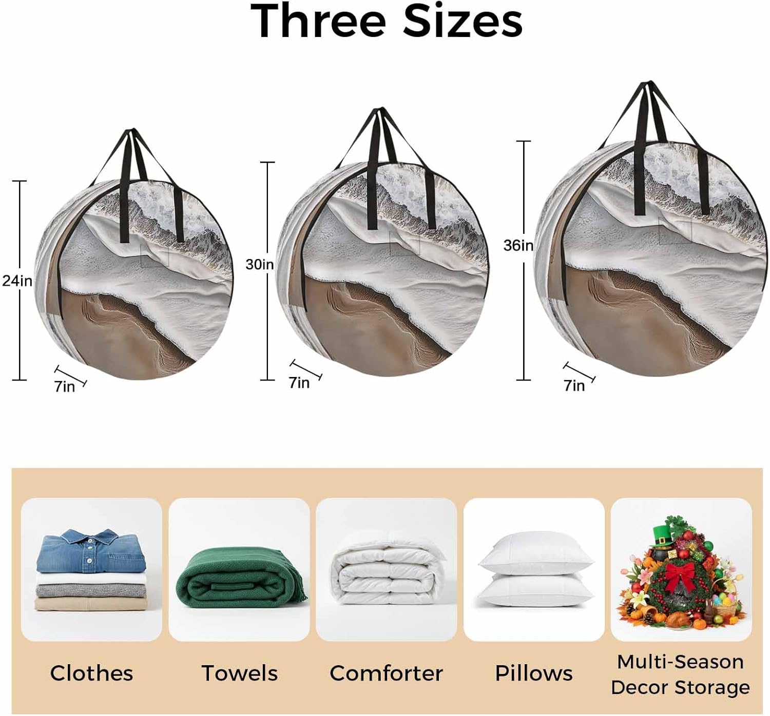 Beach Ocean Wave Round Storage Bag 36 Inch, Abstract Art Coastal Brown Gradient Clothes Storage Container with Handles Heavy Duty Organizer for Comforter, Bedding & Holiday Wreaths