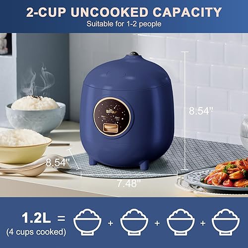 Miniatura 2 de Bear - Mini olla arrocera de 2 tazas sin cocinar, 1.2 L, portátil, antiadherente, pequeña olla arrocera de viaje, sin BPA, un botón para cocinar y